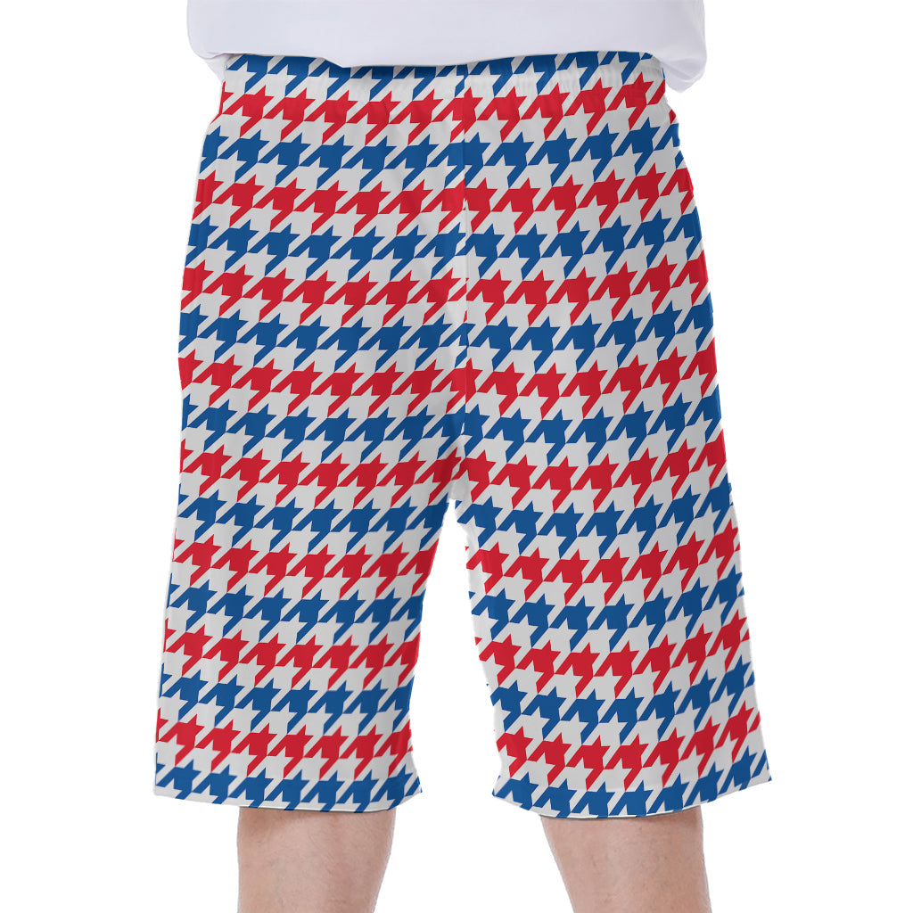 Red Blue And White Houndstooth Print Men's Beach Shorts