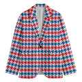 Red Blue And White Houndstooth Print Men's Blazer