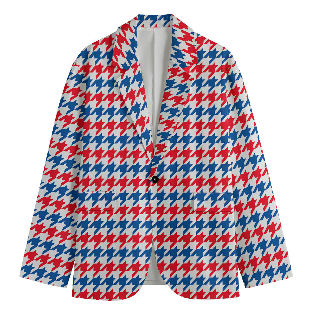 Red Blue And White Houndstooth Print Men's Blazer