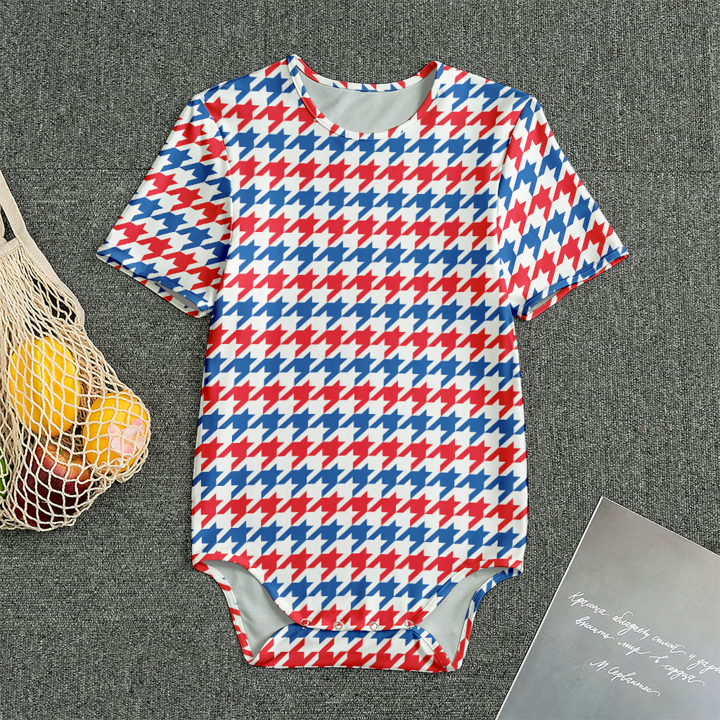 Red Blue And White Houndstooth Print Men's Bodysuit