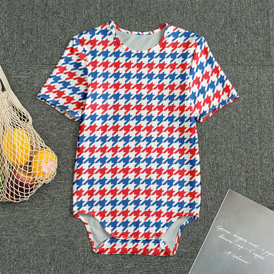 Red Blue And White Houndstooth Print Men's Bodysuit