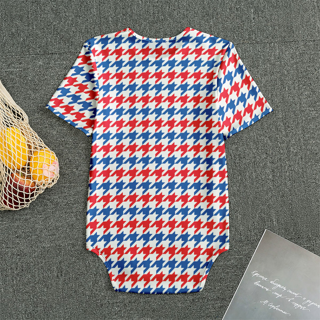 Red Blue And White Houndstooth Print Men's Bodysuit