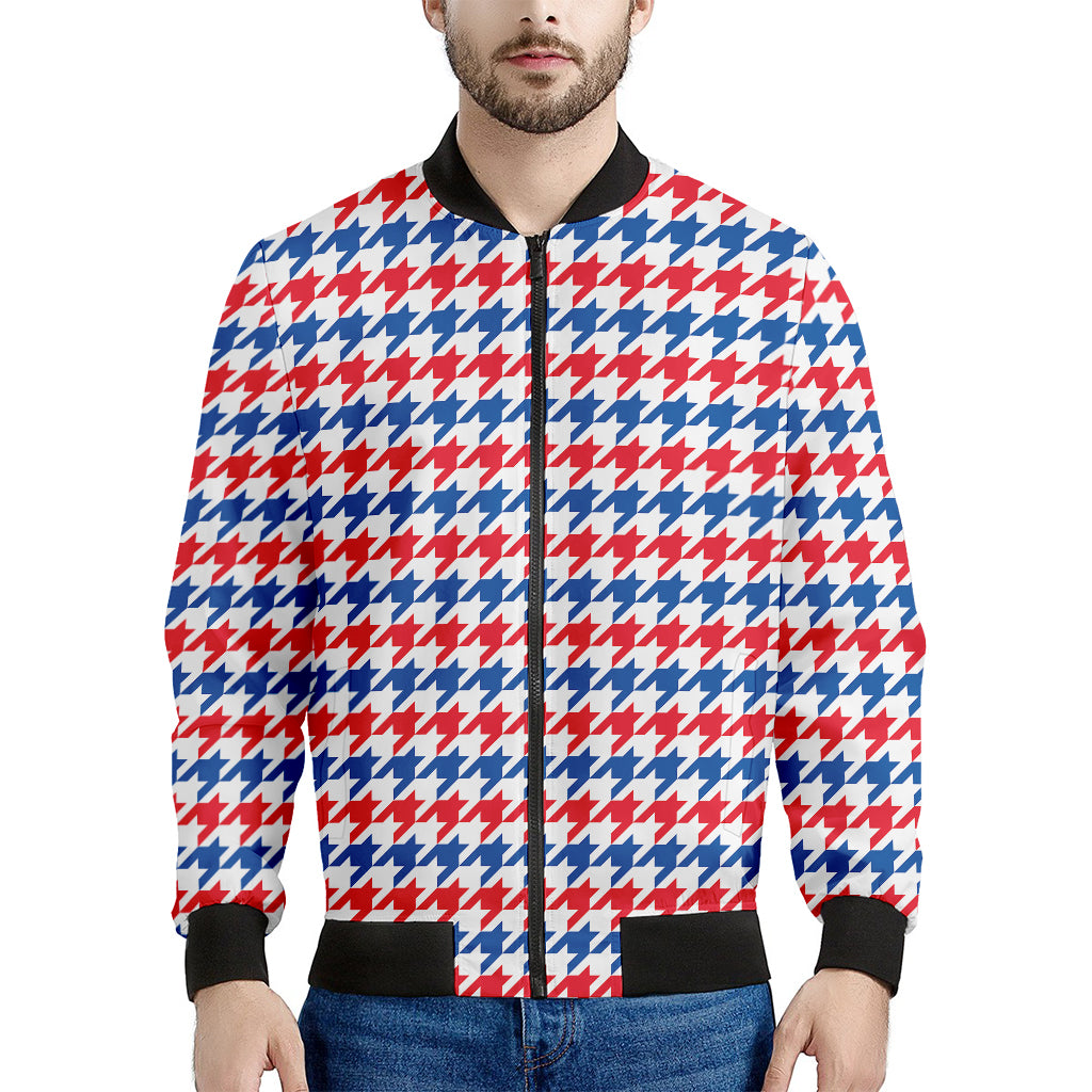 Red Blue And White Houndstooth Print Men's Bomber Jacket