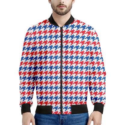 Red Blue And White Houndstooth Print Men's Bomber Jacket