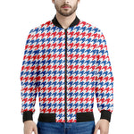 Red Blue And White Houndstooth Print Men's Bomber Jacket