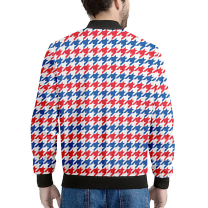 Red Blue And White Houndstooth Print Men's Bomber Jacket