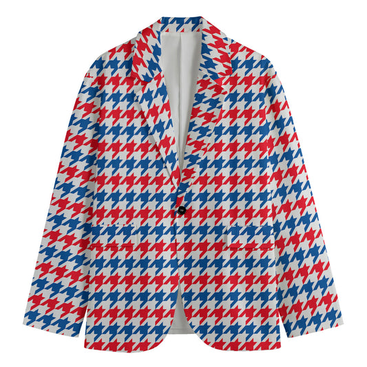 Red Blue And White Houndstooth Print Men's Cotton Blazer