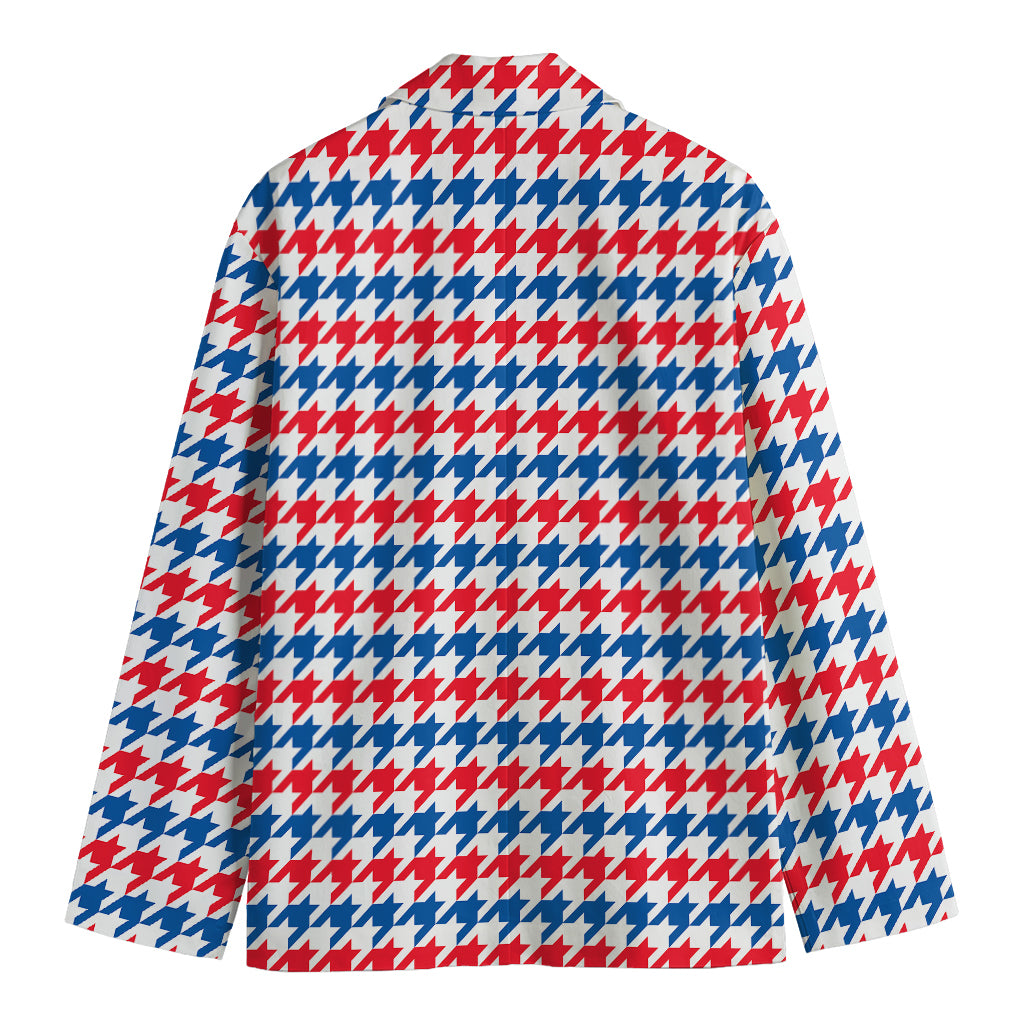 Red Blue And White Houndstooth Print Men's Cotton Blazer