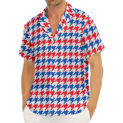 Red Blue And White Houndstooth Print Men's Deep V-Neck Shirt
