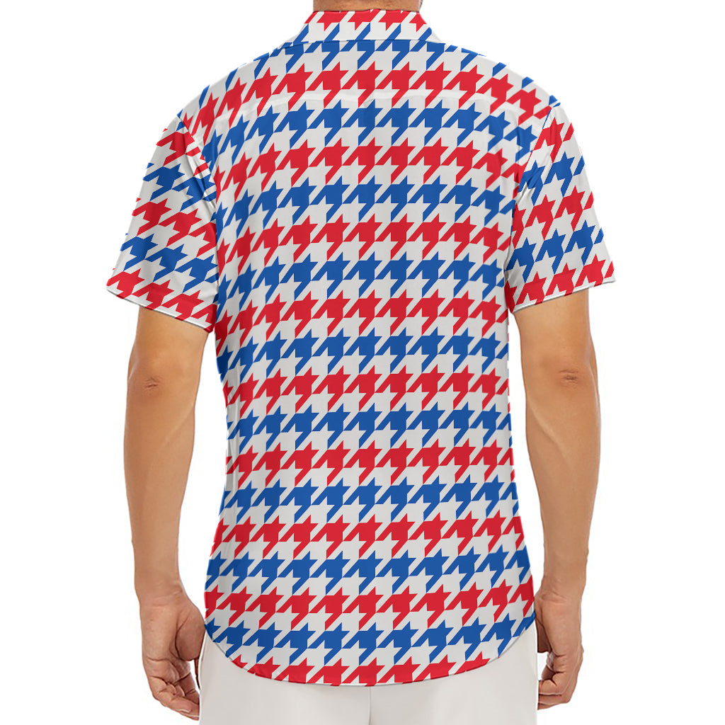 Red Blue And White Houndstooth Print Men's Deep V-Neck Shirt