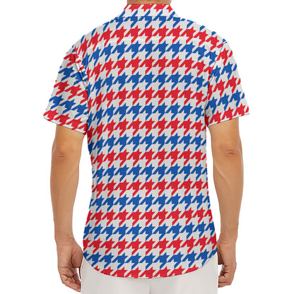 Red Blue And White Houndstooth Print Men's Deep V-Neck Shirt