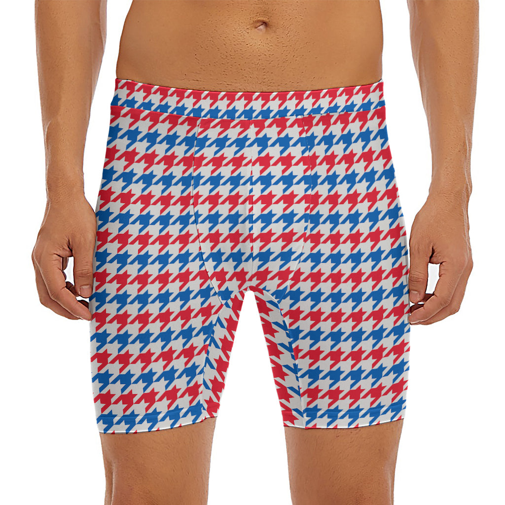 Red Blue And White Houndstooth Print Men's Long Boxer Briefs