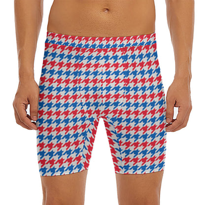 Red Blue And White Houndstooth Print Men's Long Boxer Briefs