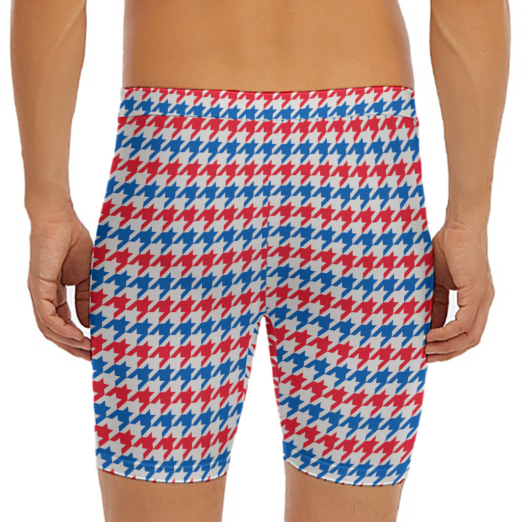 Red Blue And White Houndstooth Print Men's Long Boxer Briefs