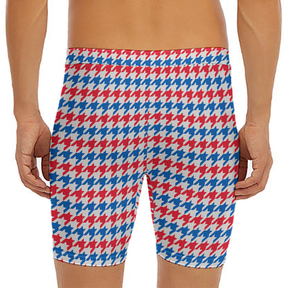 Red Blue And White Houndstooth Print Men's Long Boxer Briefs