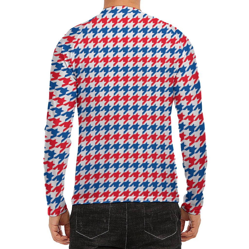Red Blue And White Houndstooth Print Men's Long Sleeve Rash Guard