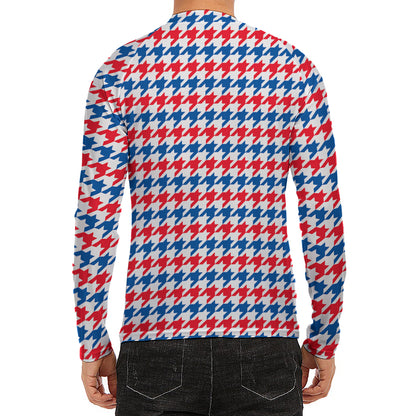 Red Blue And White Houndstooth Print Men's Long Sleeve Rash Guard