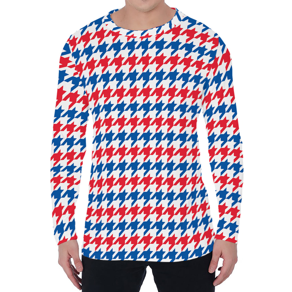 Red Blue And White Houndstooth Print Men's Long Sleeve T-Shirt