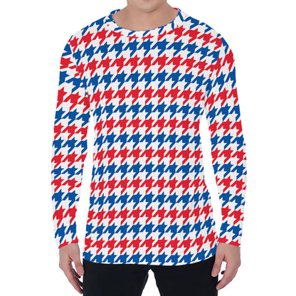 Red Blue And White Houndstooth Print Men's Long Sleeve T-Shirt