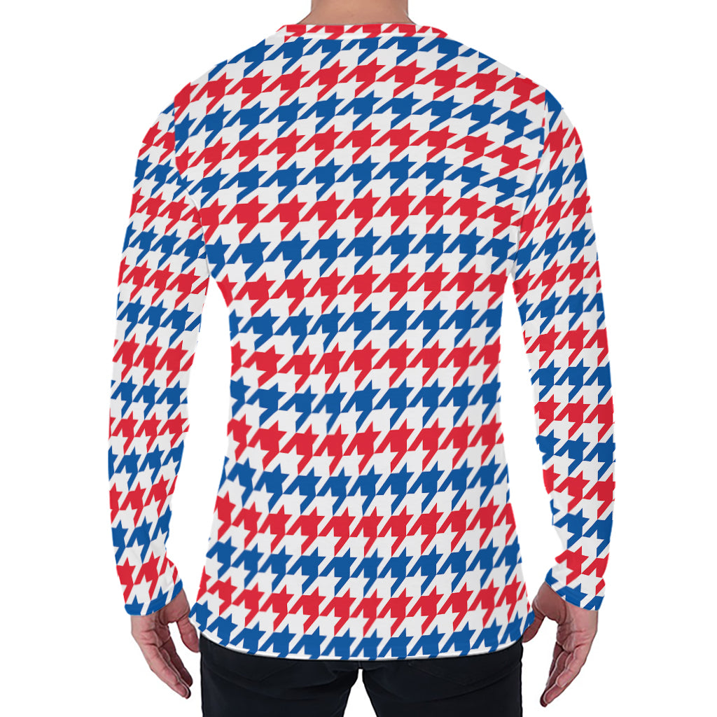 Red Blue And White Houndstooth Print Men's Long Sleeve T-Shirt