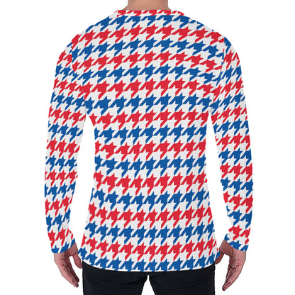 Red Blue And White Houndstooth Print Men's Long Sleeve T-Shirt