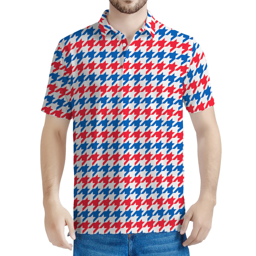 Red Blue And White Houndstooth Print Men's Polo Shirt