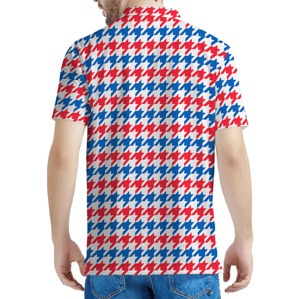 Red Blue And White Houndstooth Print Men's Polo Shirt