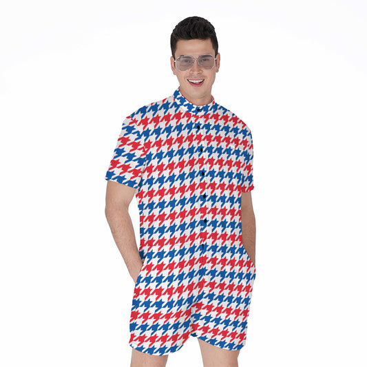 Red Blue And White Houndstooth Print Men's Rompers