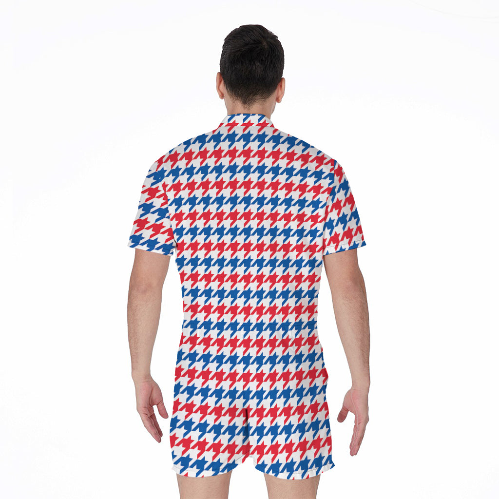 Red Blue And White Houndstooth Print Men's Rompers