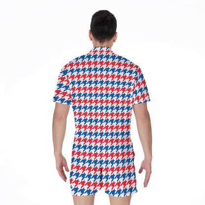 Red Blue And White Houndstooth Print Men's Rompers