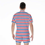 Red Blue And White Houndstooth Print Men's Rompers