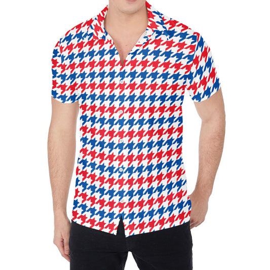 Red Blue And White Houndstooth Print Men's Shirt