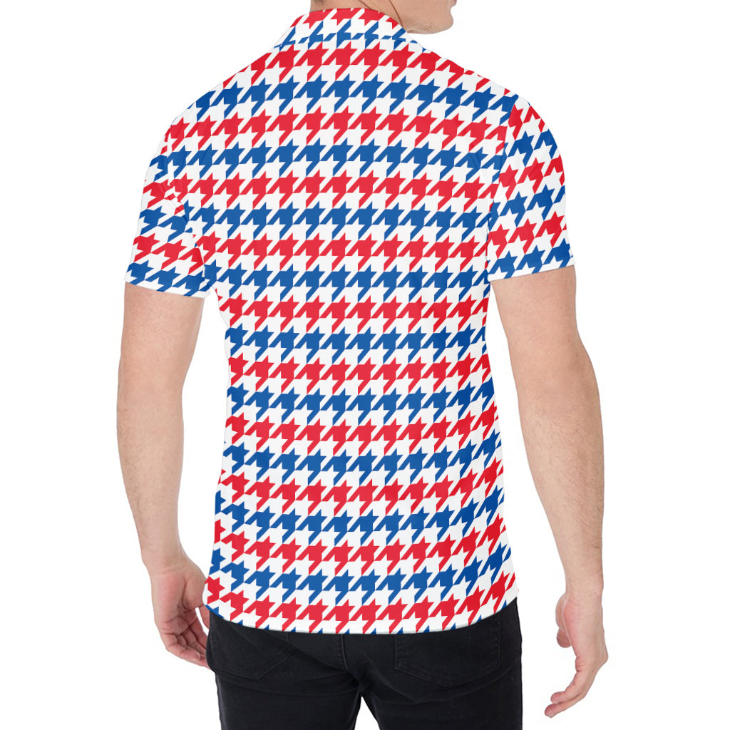 Red Blue And White Houndstooth Print Men's Shirt