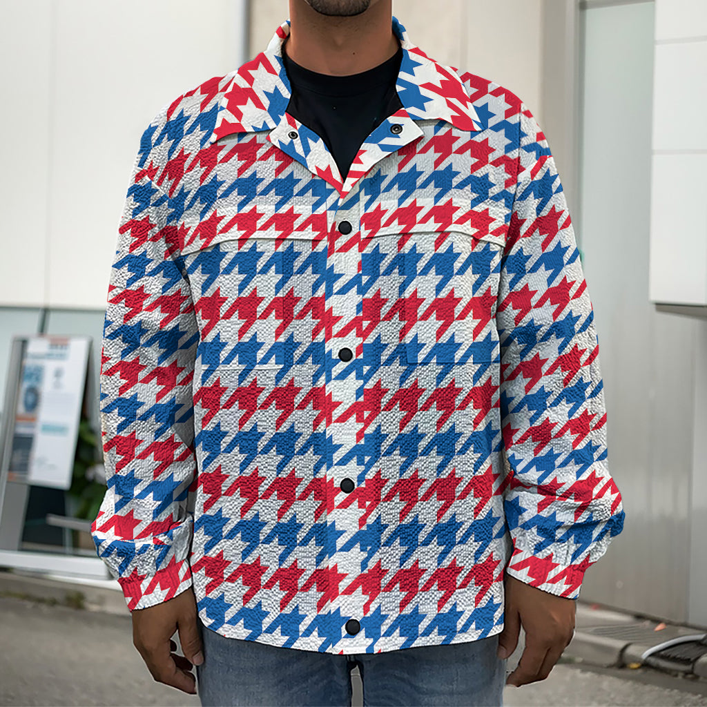 Red Blue And White Houndstooth Print Men's Shirt Jacket