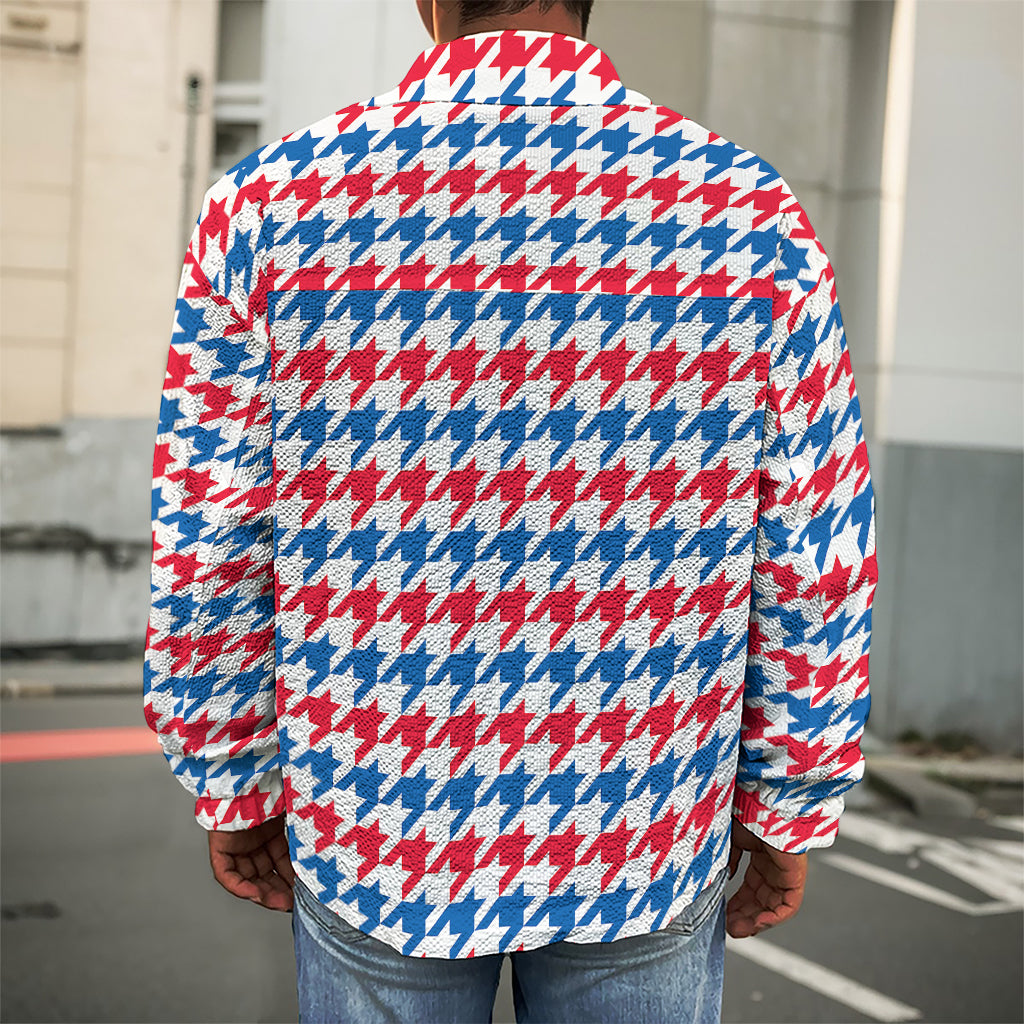 Red Blue And White Houndstooth Print Men's Shirt Jacket