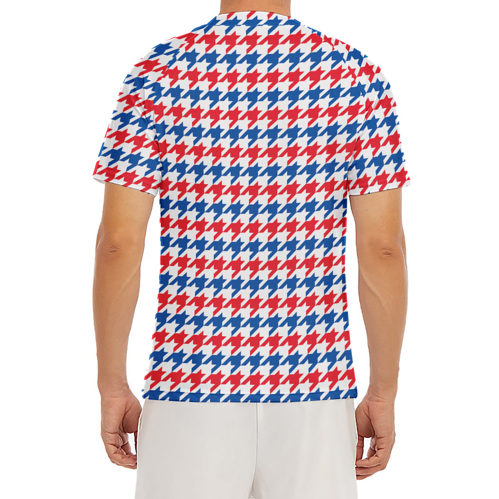 Red Blue And White Houndstooth Print Men's Short Sleeve Rash Guard