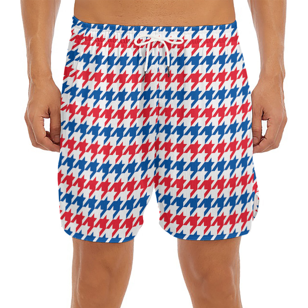 Red Blue And White Houndstooth Print Men's Split Running Shorts