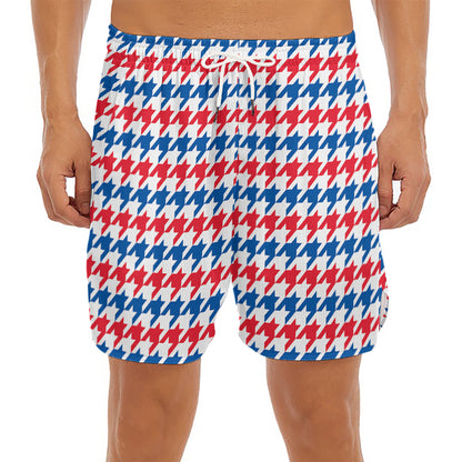 Red Blue And White Houndstooth Print Men's Split Running Shorts
