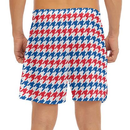 Red Blue And White Houndstooth Print Men's Split Running Shorts
