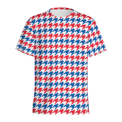 Red Blue And White Houndstooth Print Men's Sports T-Shirt