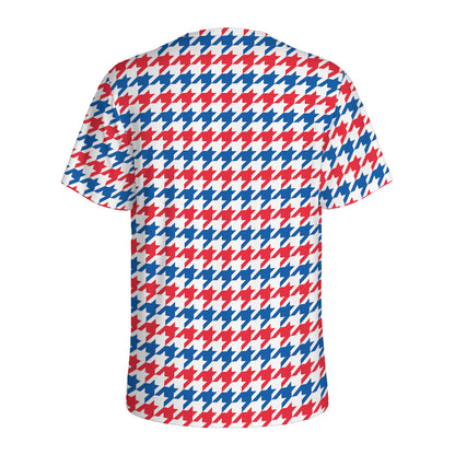 Red Blue And White Houndstooth Print Men's Sports T-Shirt