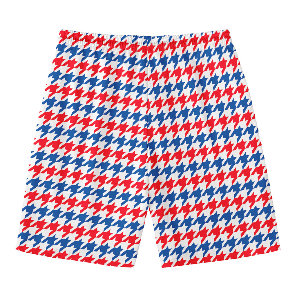 Red Blue And White Houndstooth Print Men's Swim Trunks