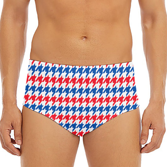 Red Blue And White Houndstooth Print Men's Triangle Swim Briefs