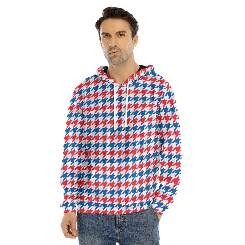 Red Blue And White Houndstooth Print Men's Velvet Pullover Hoodie