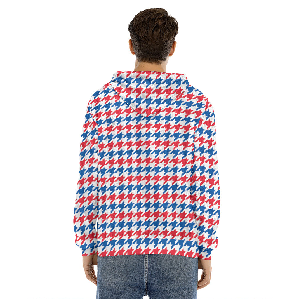 Red Blue And White Houndstooth Print Men's Velvet Pullover Hoodie