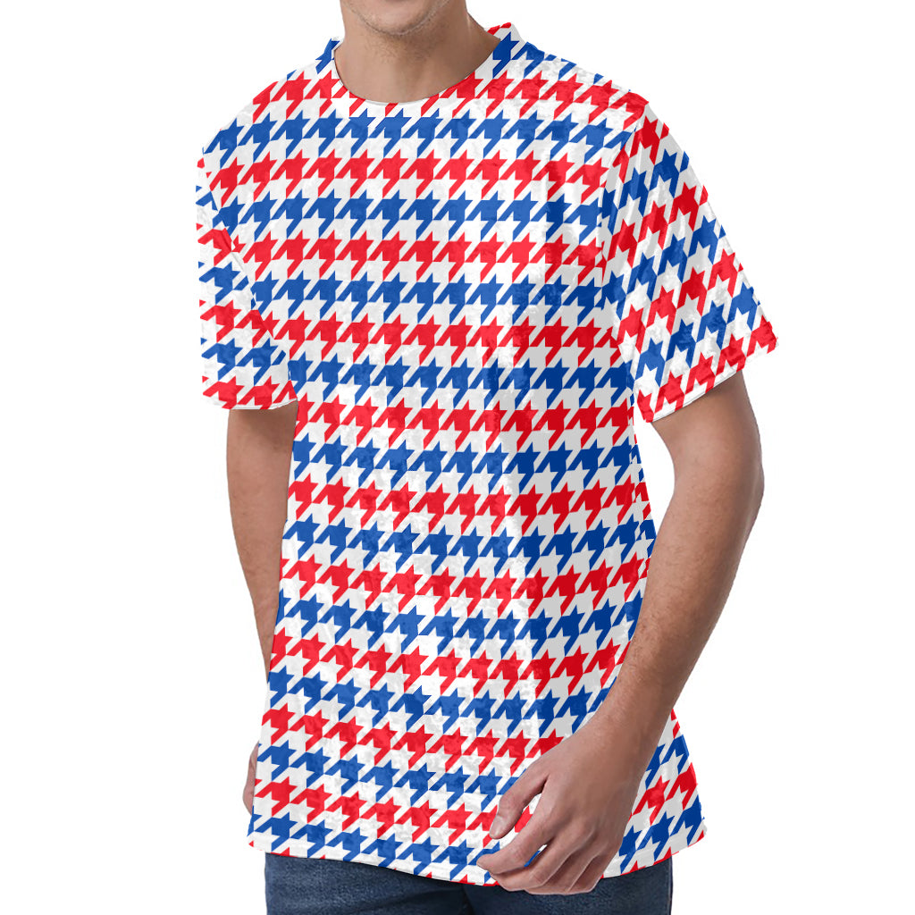 Red Blue And White Houndstooth Print Men's Velvet T-Shirt