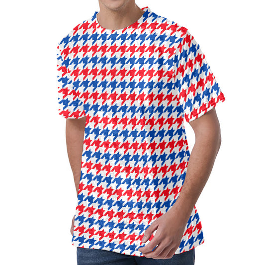Red Blue And White Houndstooth Print Men's Velvet T-Shirt