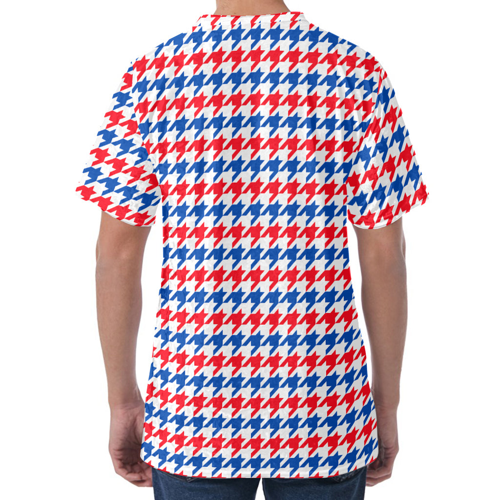Red Blue And White Houndstooth Print Men's Velvet T-Shirt