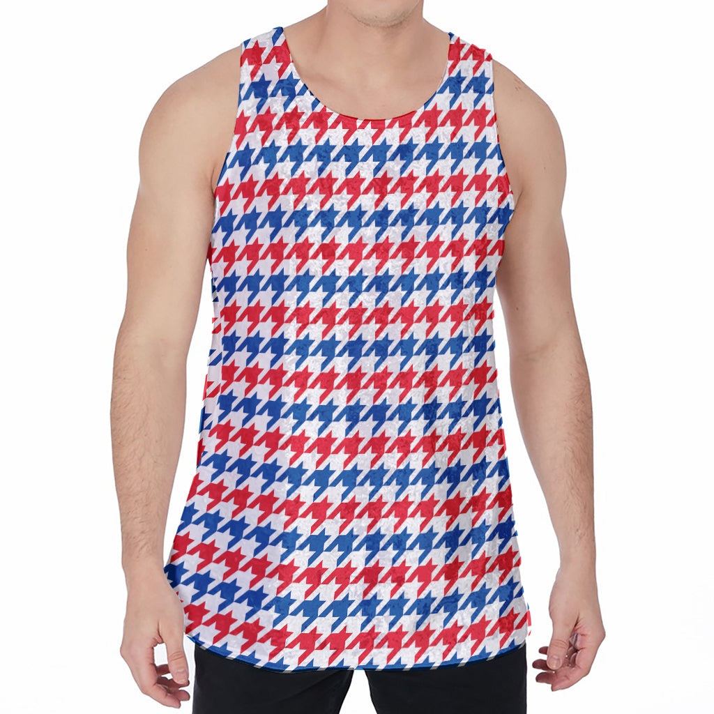Red Blue And White Houndstooth Print Men's Velvet Tank Top