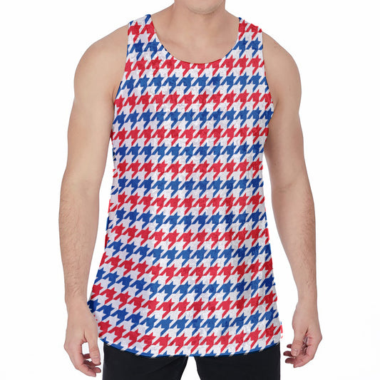 Red Blue And White Houndstooth Print Men's Velvet Tank Top